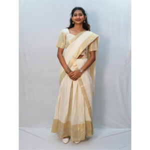 Off-White Kerala Cotton 8-Inch Golden Border Dhavani Set
