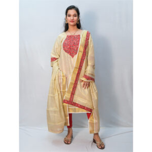 Tissue Red Print Neck Kurti with Dupatta – Two-Piece Set