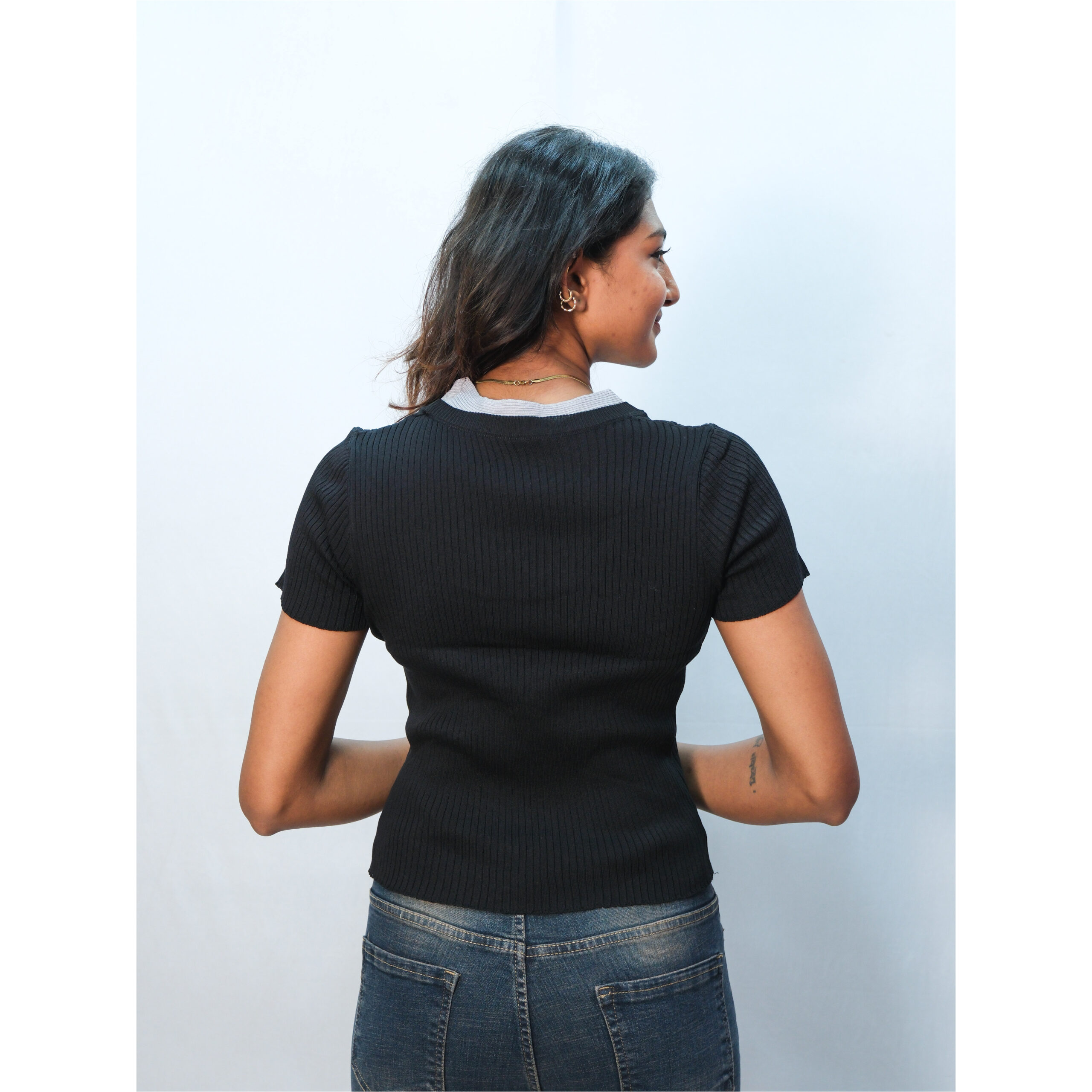 Black & Grey Neck Rib-Net Korean Top - Image 3