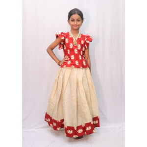 Red Elephant Printed Kids Pattupavada Set