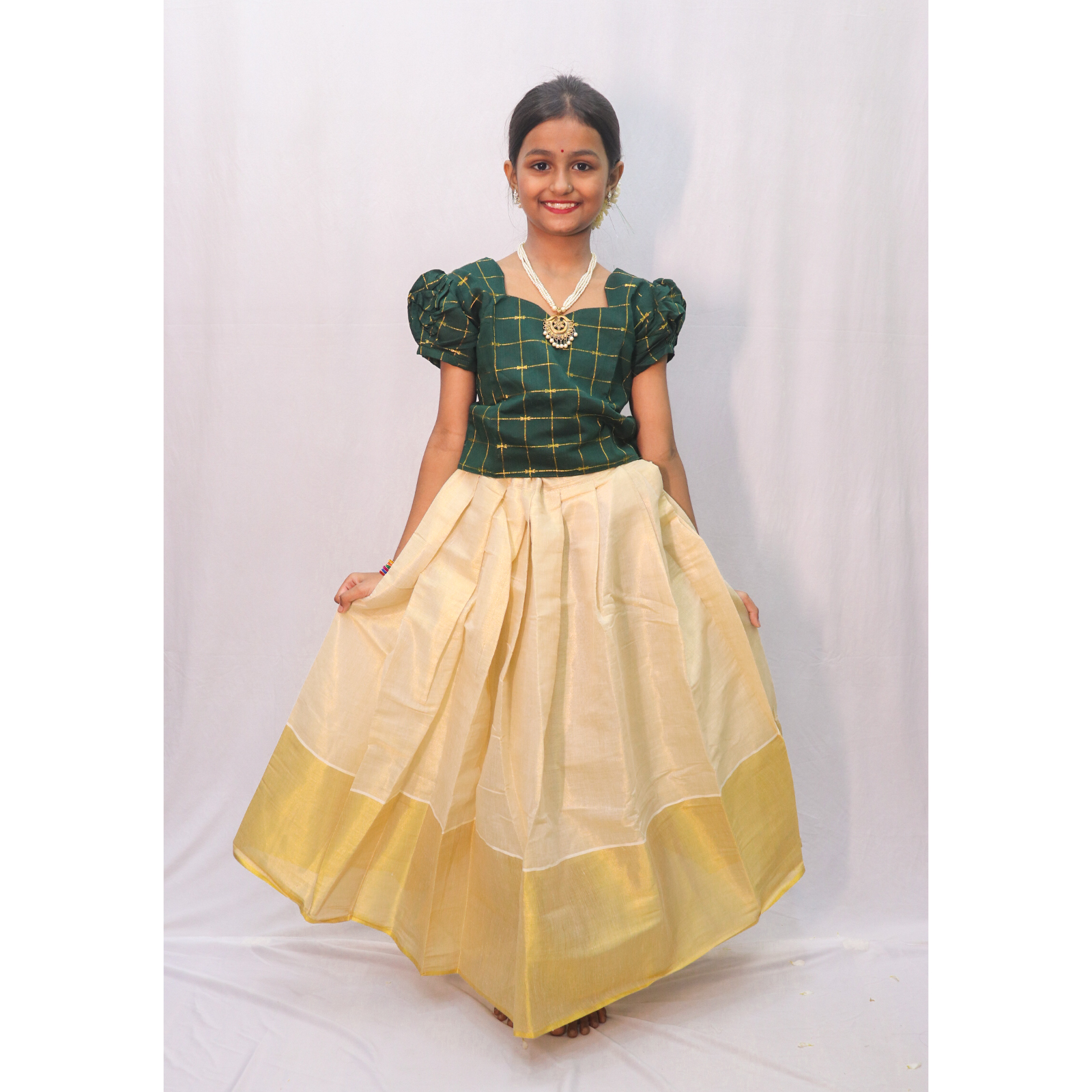 Kids Tissue Skirt with Dark Green Check Blouse
