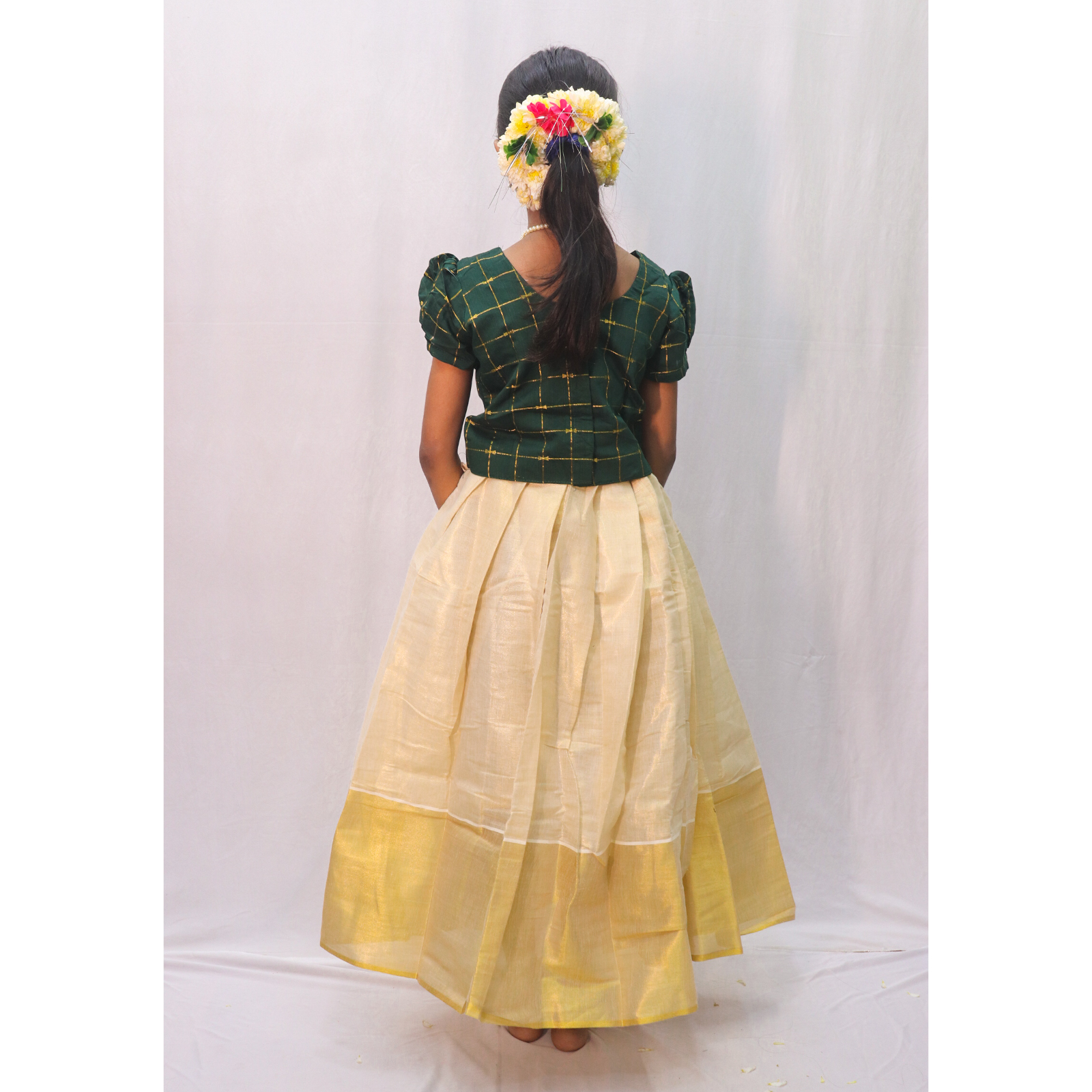Kids Tissue Skirt with Dark Green Check Blouse - Image 3