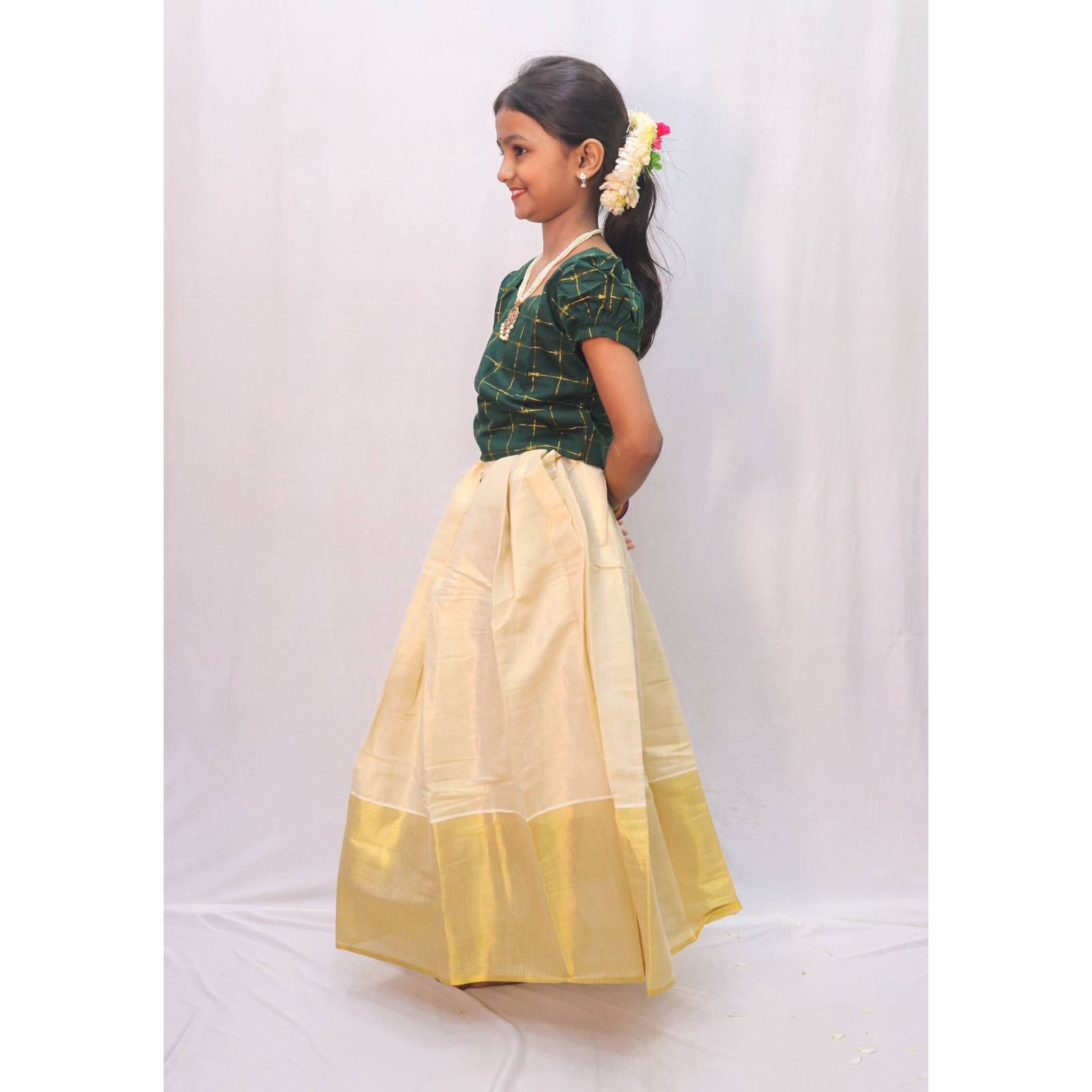 Kids Tissue Skirt with Dark Green Check Blouse - Image 2