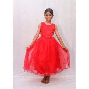 Red Net Flower Embroidery Kids Frock