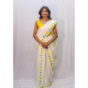 Off-White Yellow & Green Kanikonna Print Cotton Set Mundu