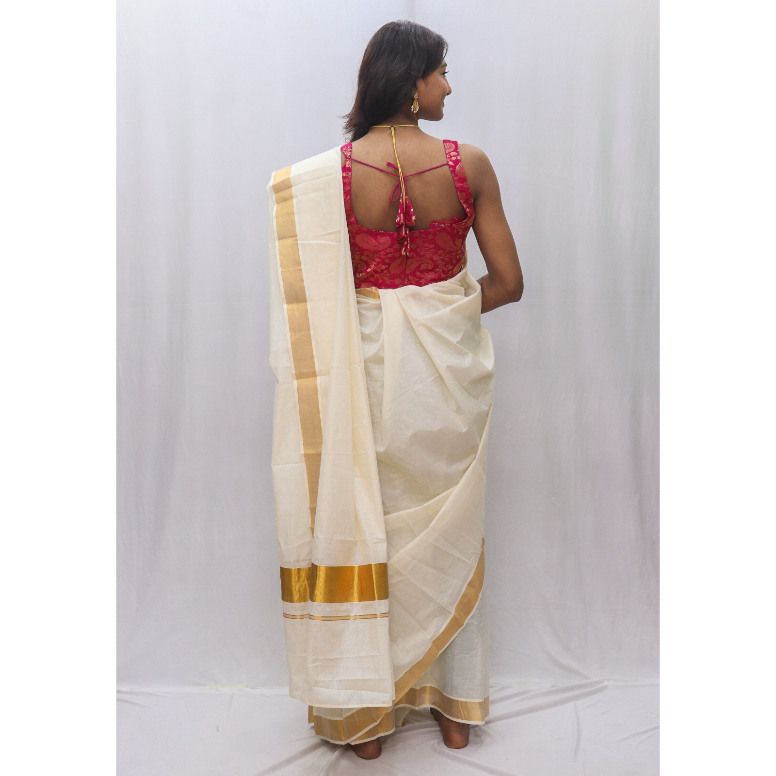 2-Inch Golden Border Ready-to-Wear Cotton Saree - Image 4