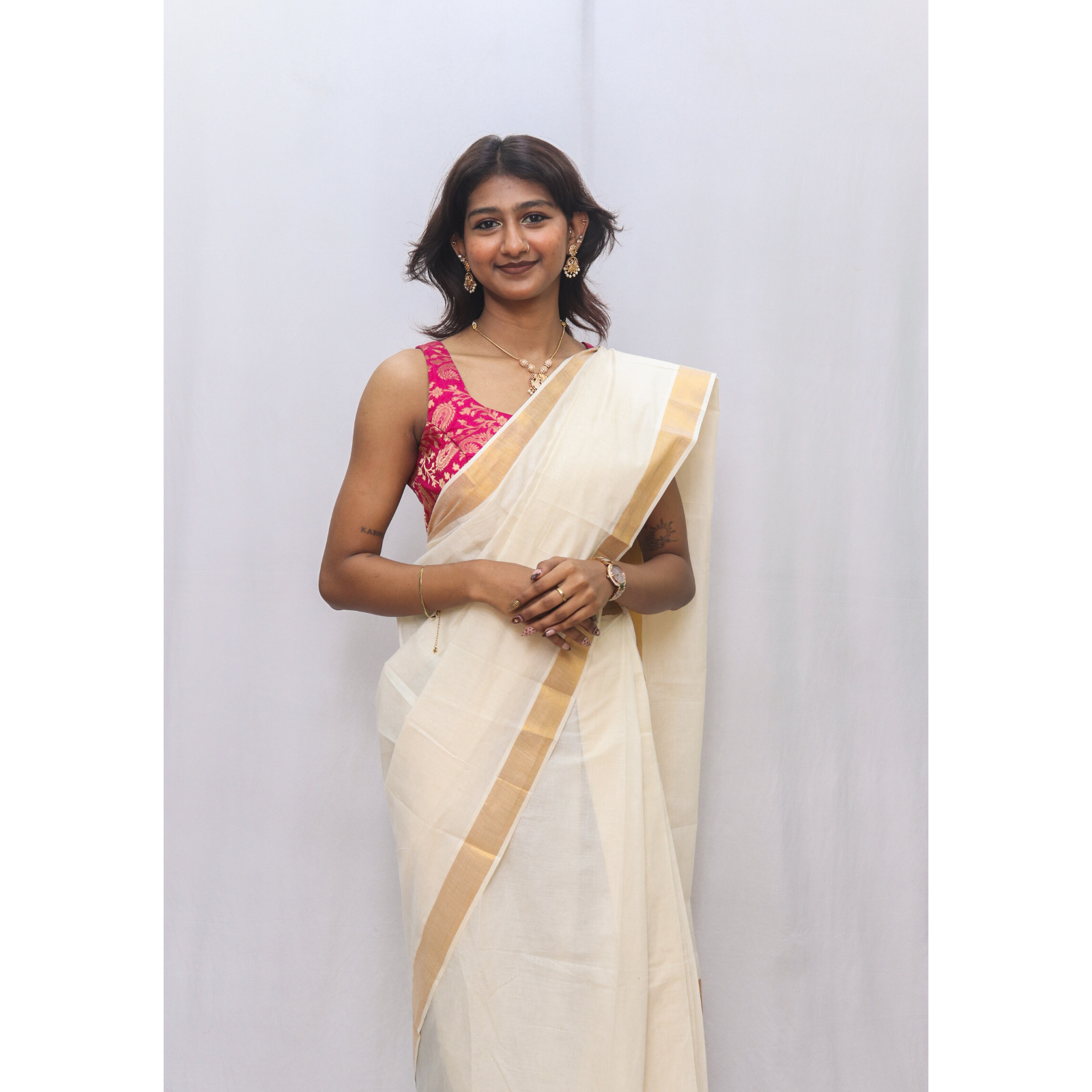 2-Inch Golden Border Ready-to-Wear Cotton Saree - Image 2