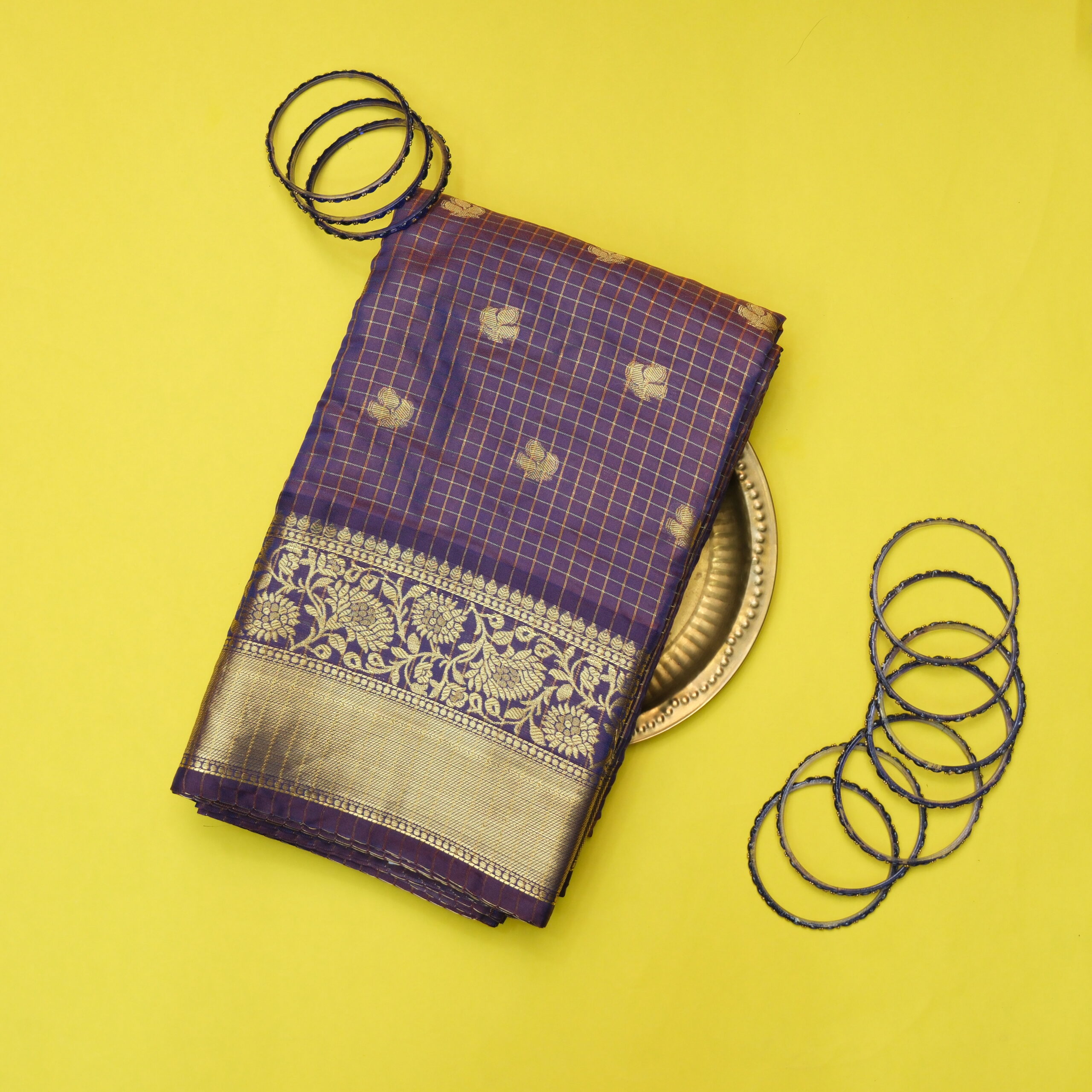 Purple Check Micro Zari Gadwal Silk Saree