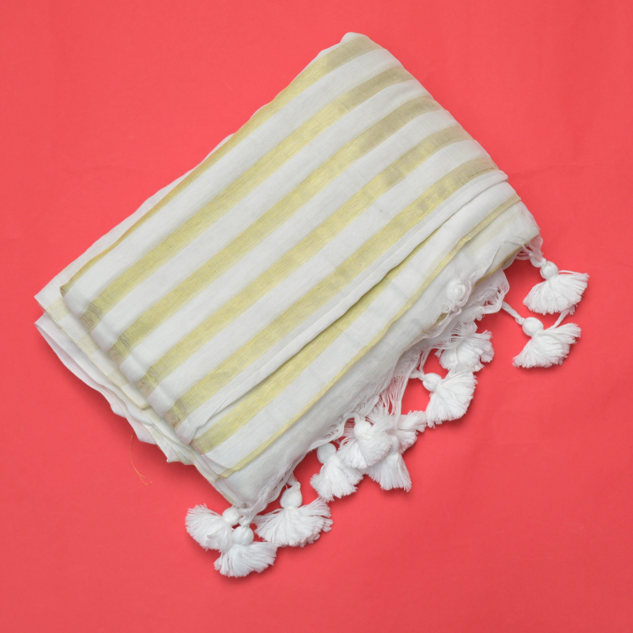 White & Gold Stripe Mul Cotton Saree