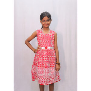 Red & White Chikankari Kids Frock